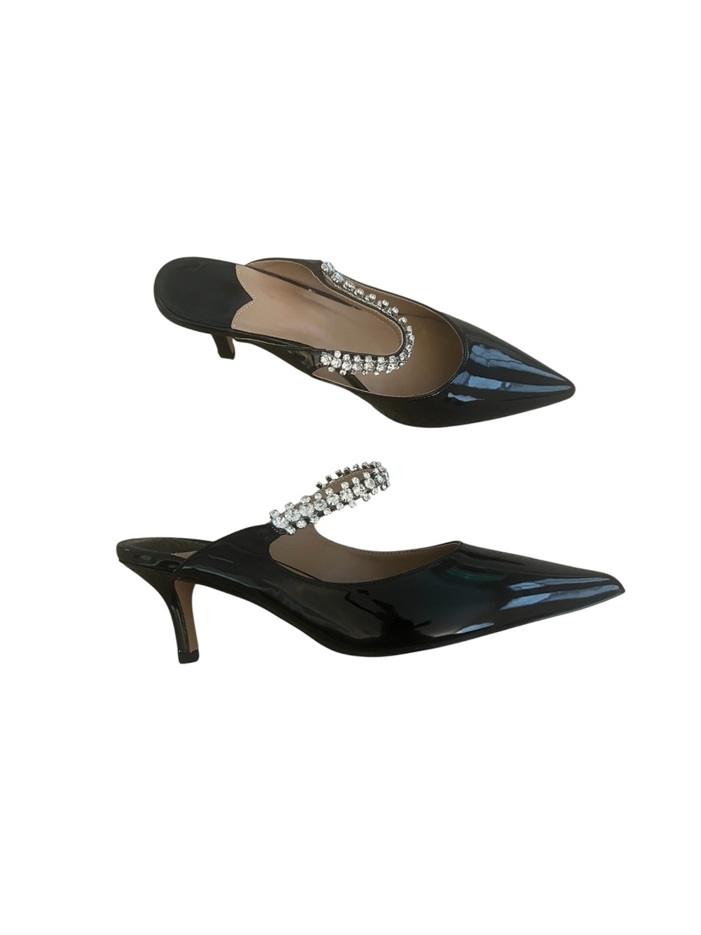 NEW Black Patent Pointed Toe Mule with Crystal Strap